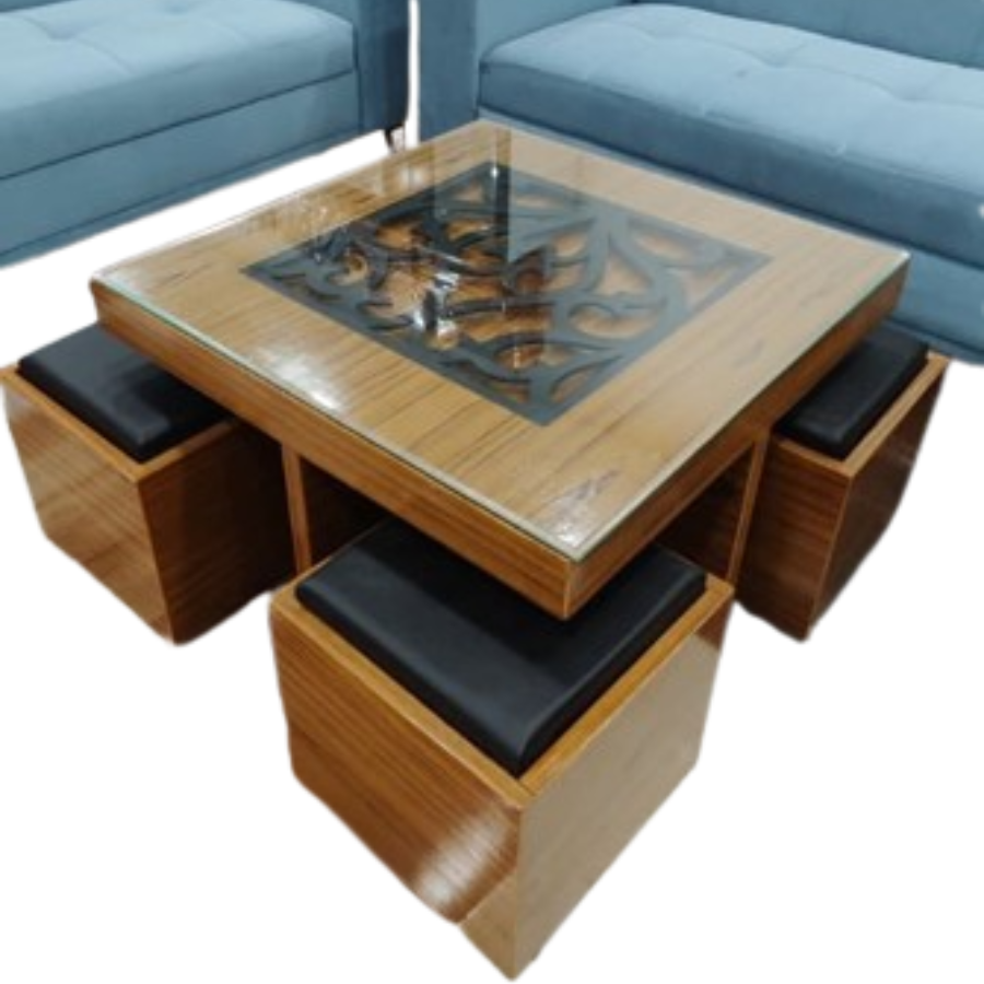 4-Seater Wooden Ottoman with Coffee Table (Glass Top)