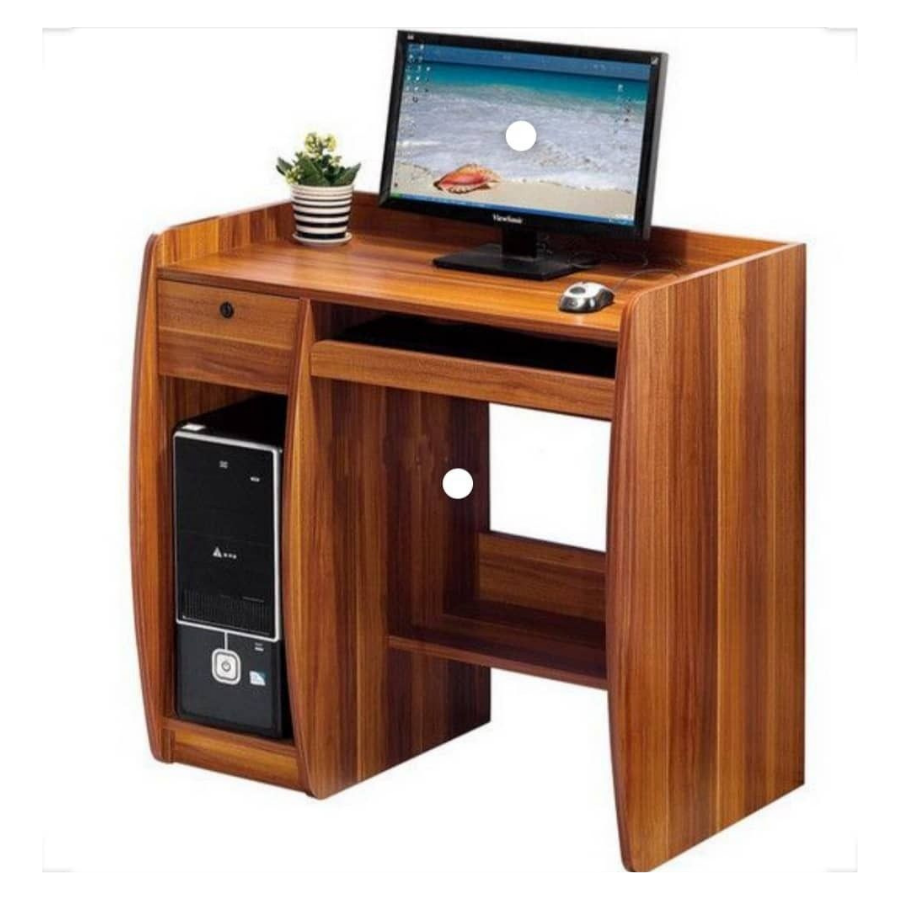 Natural wood computer table with storage drawers and shelves.