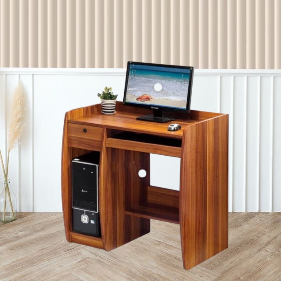 Natural wood computer table with storage drawers and shelves.