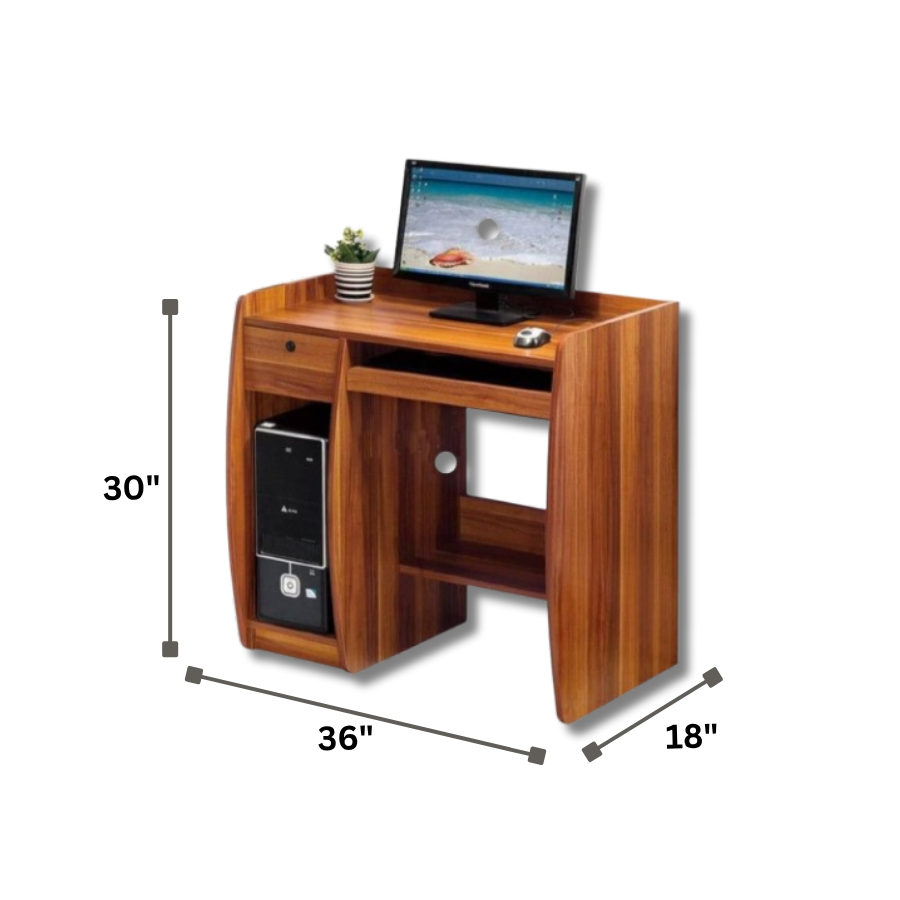 Natural wood computer table with storage drawers and shelves.